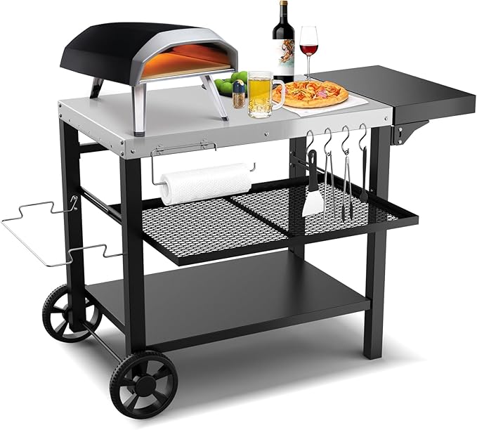 Outdoor Kitchen Island, Grill Table Cart with Drawer, Pizza Oven Stand, Movable 3-Shelf Prep Table with Side Table for Ninja Woodfire, Ooni Pizza Oven, Blackstone Griddle, Cuisinart, Barbecue tool set