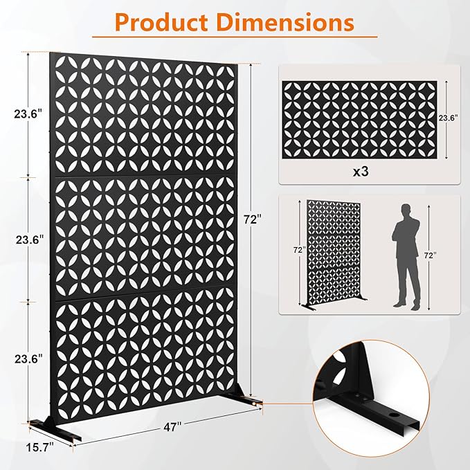 72" H×47" W Metal Privacy Screen, Outdoor Indoor Privacy Screens with Stand Panels, Free Standing Decorative Privacy Screen for Patio