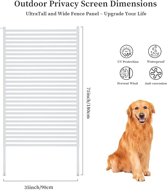 Outdoor Privacy Screen with Stand, Rustproof Metal Fence Panel, 35.43’’ x 71’’ PE-Coated Steel Slats, Decorative Privacy Fence for Patio, Garden, Backyard, Trash Can, White(1 Panel)