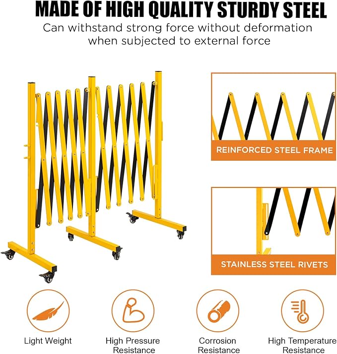 TECSPACE Industrial Expandable Metal Barricade, Expansion Size 16.4 FT, Yellow and Black,Durable Steel Safety Barricade with casters, Flexible Mobile Barrier Gate, Adjustable Traffic Fence