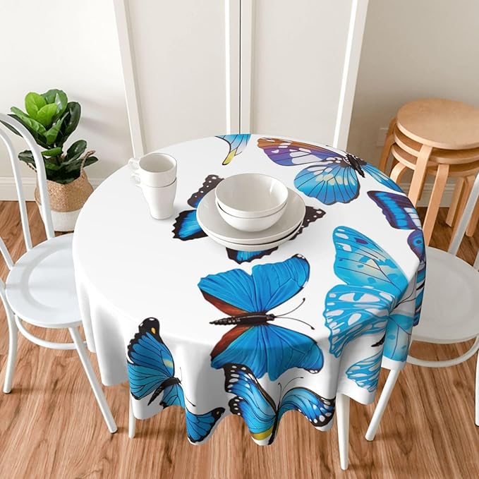 Bule Butterfly Round Tablecloth Beautiful - Butterfly Bule Tablecloth 60 Inch Waterproof Rustic Table Cloth Fabric Farmhouse Stripe Decorative for Picnic Party Holiday Home Indoor Outdoor