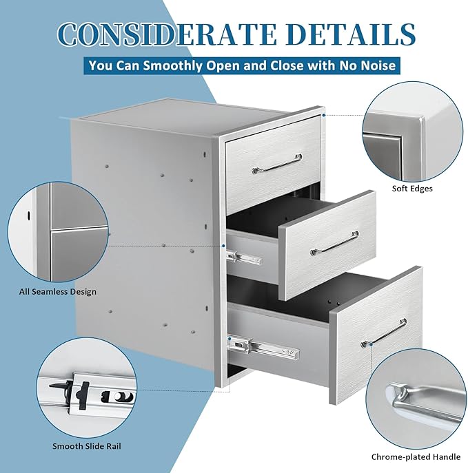 Outdoor Kitchen Drawers 15.7"Wx21.6"Hx17.7"D Flush Mount Access 3-Drawer BBQ Stainless Steel Drawers with Handle for Outdoor Kitchen Island or Grill Station