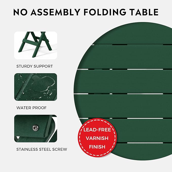Costaelm Paradise HDPE Outdoor 24.5 Inch Round Portable Folding Patio Dining Table, Dark Green