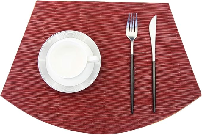 PIGCHCY Wedge Shaped Placemats for Dining Table Cross-Weave Washable Vinyl Placemat Heat Resistant Round Table Mats Set of 4 (Burgundy Red)