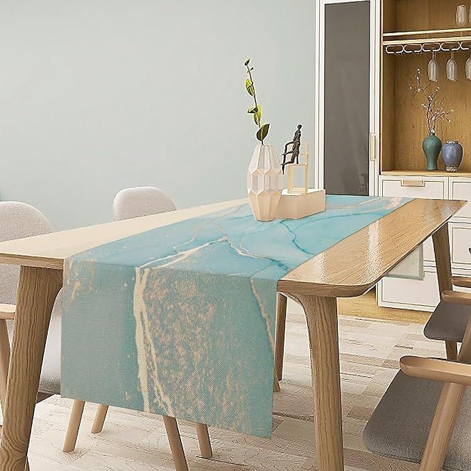 Turquoise Aqua Marble Table Runner, Modern Teal Watercolor Print Table Runner for Coffee Dining Party Wedding Kitchen 13x70in
