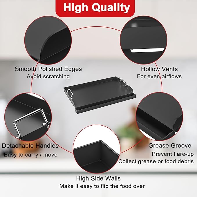 17" x 13" Nonstick Griddle Insert for Gas Grills, Carbon Steel Flat Top Griddle for Gas/Electric/Charcoal Grill, Universal Cooking Plate with Grease Groove for Outdoor Camping Tailgating Parties