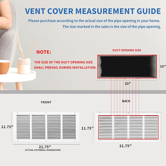 20x10 Return Air Grille (Duct Opening Size), Air Return Vent Cover, AC Vent Cover, Cold Air Return Vent Cover, Flat Return Air Grilles, Outer Dimensions:21.75"W x 11.75"H (20"W x 10"H, Duct Opening)