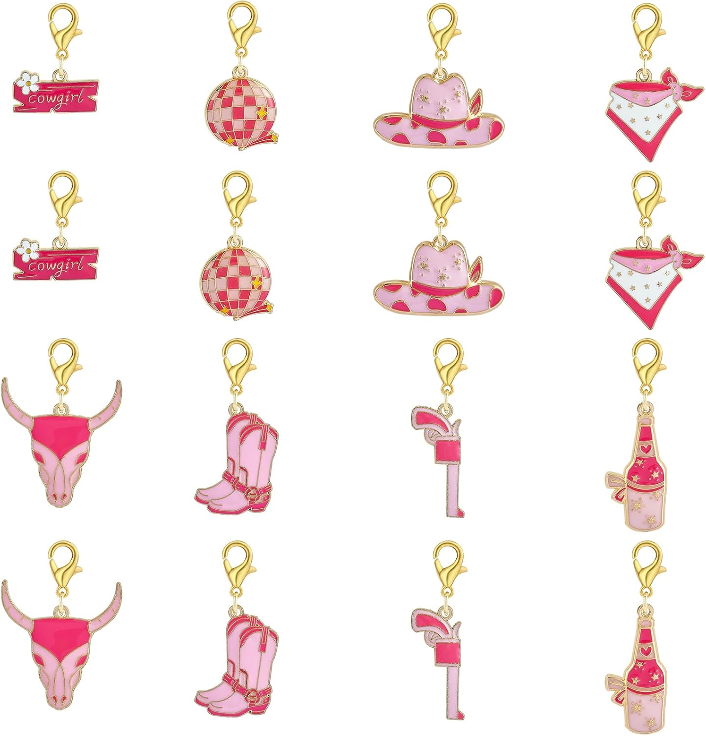 BEEFLYING 16Pcs Cowgirl Stitch Marker Charms for Crocheting and Knitting, 8 Styles Locking Pink Enemal Crochet Knit Stitch Marker Pendant with Leverback Clasp for Knitting Crocheting Accessories