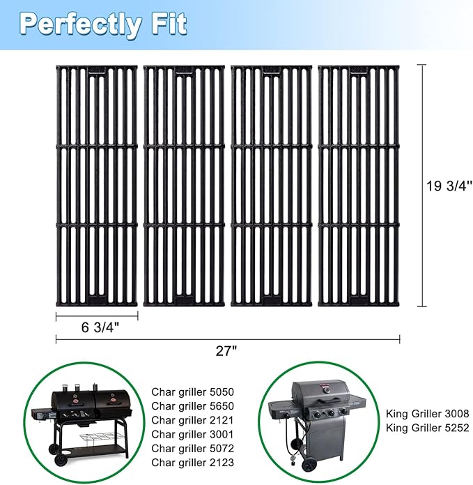Adviace Grill Grates for Char Griller 5050, 5650, 2121, 3001, 5072, 2123, 2828, 3072, 3030, 3008, 4000, King Griller 3008, 5252, 19 3/4 Inch Cast Iron Cooking Grate for Char-griller Replacement Parts.