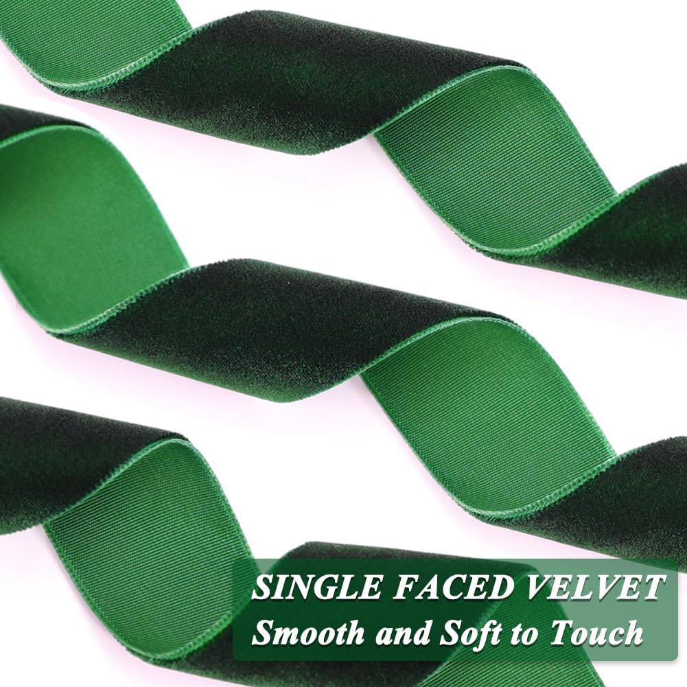 Dark Green Velvet Ribbon, 1 Inch x 20 Yards Single Faced Green Ribbon for Gift Wrapping, Bow Making, Christmas Tree Decorations, Wreath Making and DIY Crafts (10 Yards Each Roll)