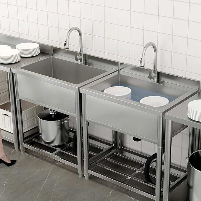 Stainless Steel Utility Sink, Large Freestanding Kitchen Sink with Pull-out Faucet for Commercial Restaurant, Bathroom, Laundry Room, Garage, Outdoor/Indoor, Pet Cleaning, D21.65 x W27.55 x H36.61 in