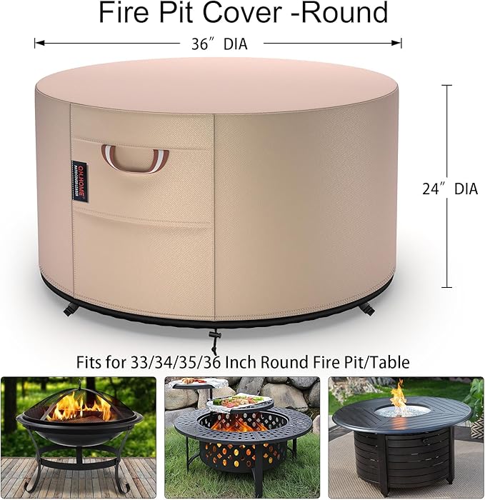 QH.HOME Fire Pit Cover Round-36" D X 24" H Inch Heavy Duty 900D Strong Tear-Resistant and UV Resistant and Waterproof and Fading Resistant Polyester Firepit Covers Round for Outdoor Fire Pit-Wheat
