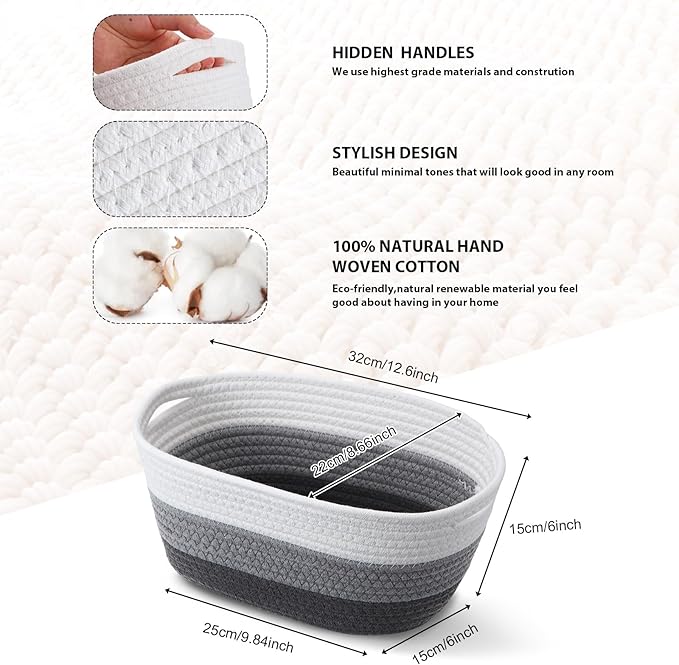 12 Pack Easter Woven Baskets for Gifts Empty Large Cotton Rope Square Storage Baskets with Handle for Organizing Shelves, Toys, Books, Towels, Clothes, 12.6" L x 8.7" w x 6" h(Gray)