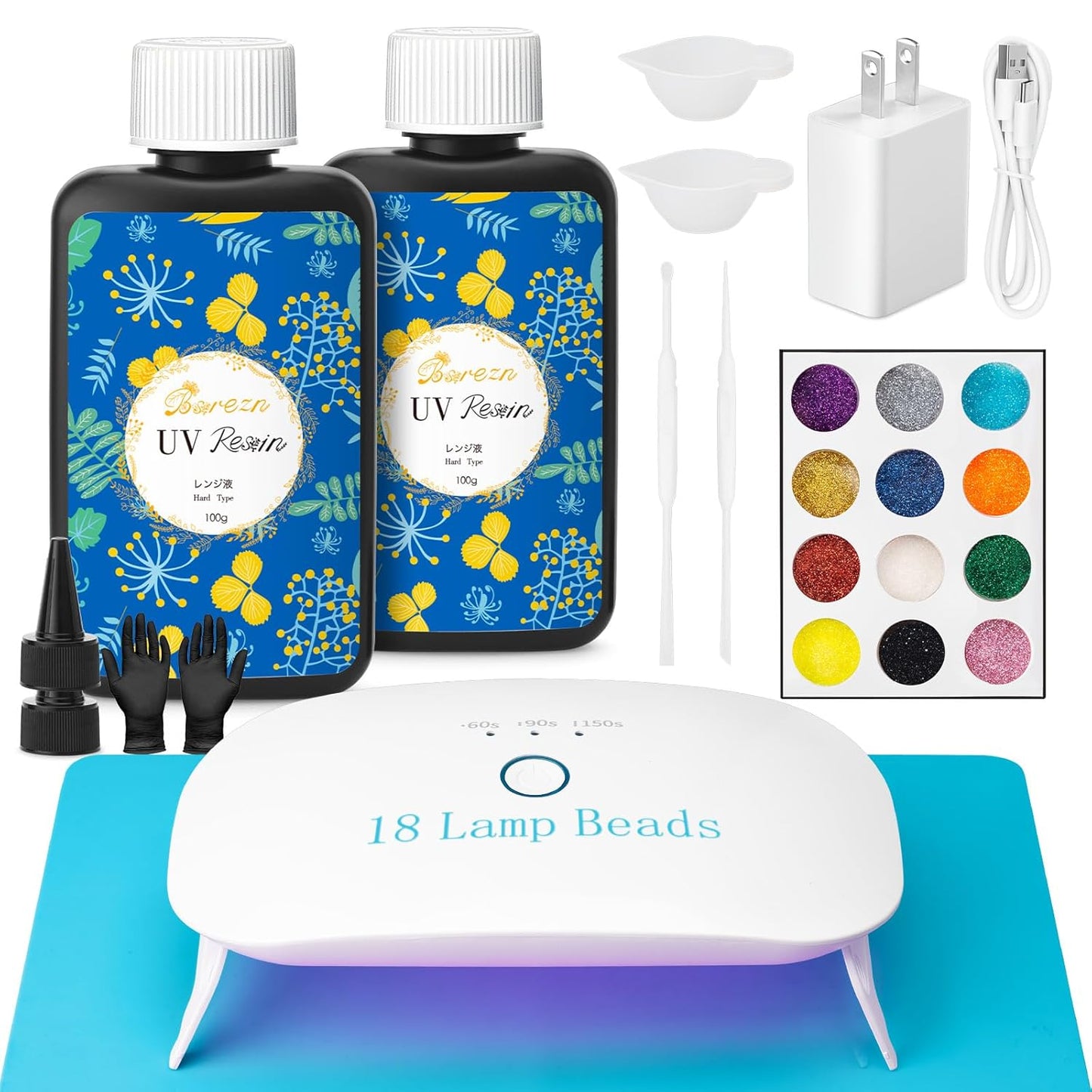 Bsrezn 200g UV Resin Kit with Upgraded Light 18 Beads, Crystal Clear Solar Activated UV Epoxy Resin for Jewelry Making (100g x 2)