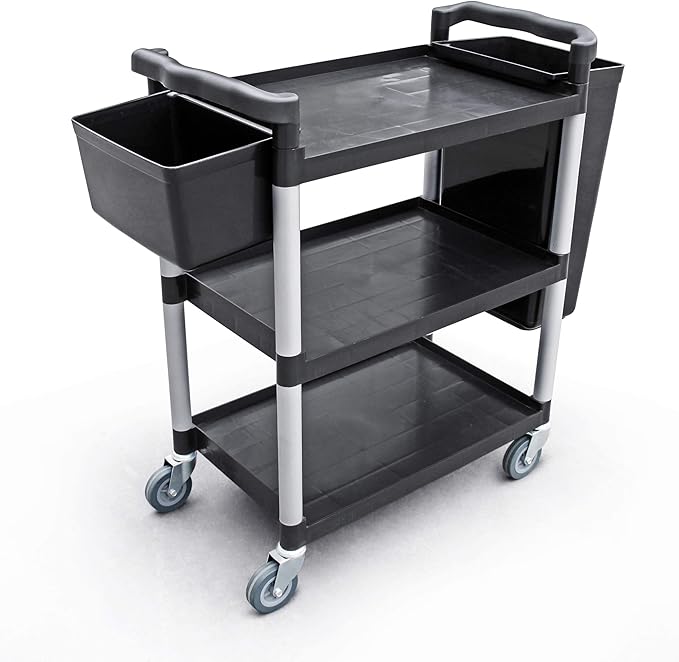 New Star Foodservice 54552 350-Pound Plastic 3-Tier Utility Bus Cart with Locking Casters, 42.5" x 19.5" x 38.5", Black