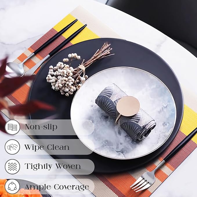 Set of 6 Colorful Striped Vinyl Placemats Heat-Resistant Washable Placemats Non-Slip Woven Table Mats Wipeable Placemat for Kitchen Dining Table Decoration Indoor Outdoor (Sunset Gold)