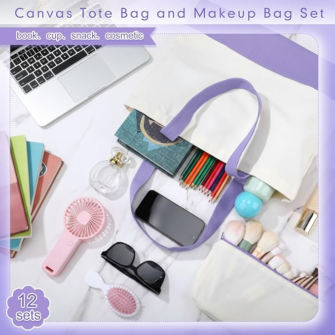 Sanwuta 24 Pcs Canvas Tote Bags Bulk with Zipper Cosmetic Bags 18.5" Cotton Canvas Bag with Handles Reusable Shopping Bags