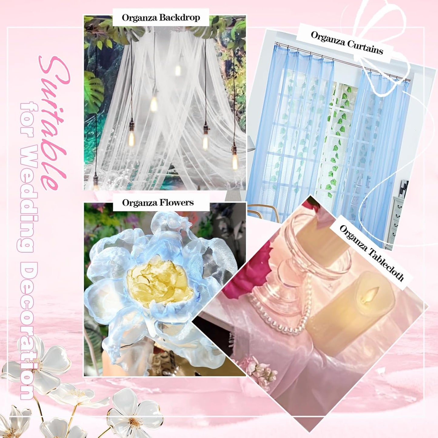 VACVELT Sheer Organza Fabric by The Yard, 60 Inch Wide Light Pink Organza Fabric Bolt Bridal Sheer Tulle Fabric, Silk Organza Roll for Wedding Party Decorations Backdrop Curtain (10 Yards)