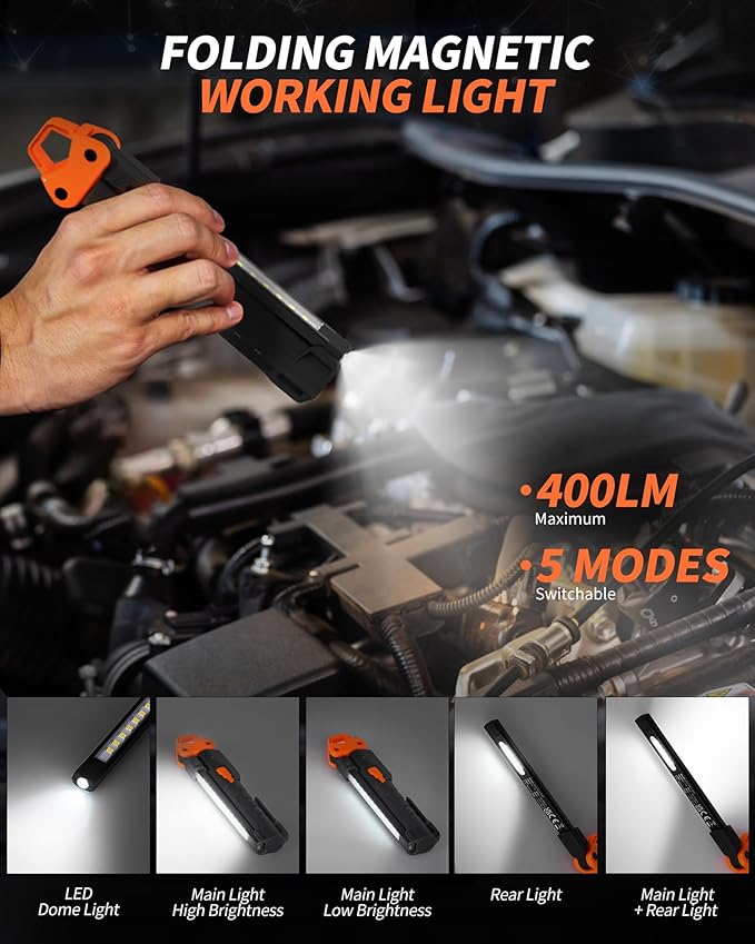 Led Work Light,400LM Foldable Mechanic Light, Rechargeable Flashlight with 5 Modes, 230° Rotate and Hook Magnetic Light for Car Repair, Camping, Grill（2 Pack Upgrade）