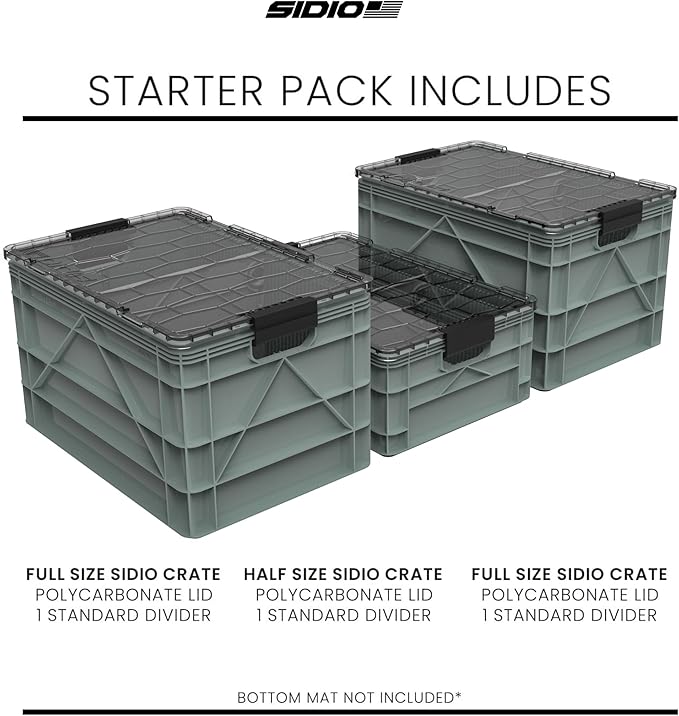 SIDIO CRATE Starter Pack - Two Full Size and One Half Size Heavy Duty Stackable Storage Bins, Totes with Lids and Dividers - Durable Organizer for Home, Office, Garage, and Outdoor Use - Aircraft