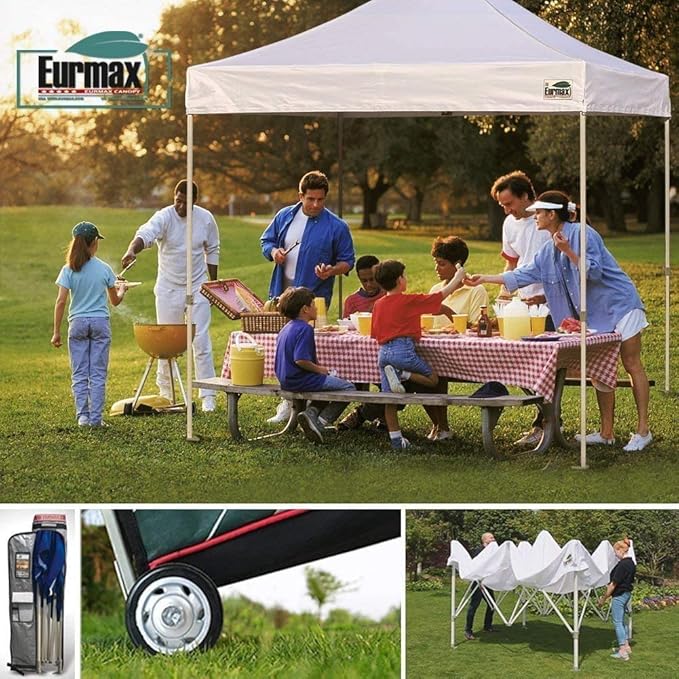 Eurmax USA 8'x8' Pop Up Canopy Tent Commercial Instant Canopies with Heavy Duty Roller Bag,Bonus 4 Sand Weights Bags (Khaki)