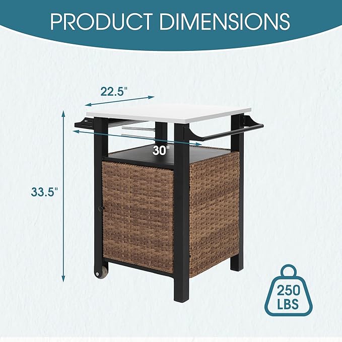 Grill Cart Outdoor with Wheels, Outdoor Prep Table with Wicker Storage and Rolling Wheels, Samll Kitchen Island Serving Cart with Stainless Steel Table Top for BBQ, Porch, Patio, Brown