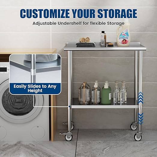 Stainless Steel Work Table with Wheels, 24x36 Inch NSF Food Prep Table with Backsplash & Adjustable Undershelves for Commercial Kitchen, Restaurant, Garage
