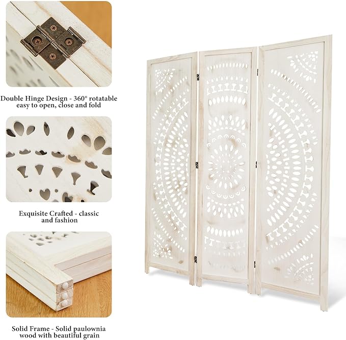Room Divider Wood Carved Wall Divider Indoor Folding Bohemian Style Portable Partition Screen for Home Office Garden Terrace - 3 Panels (Antique, White-Washed)