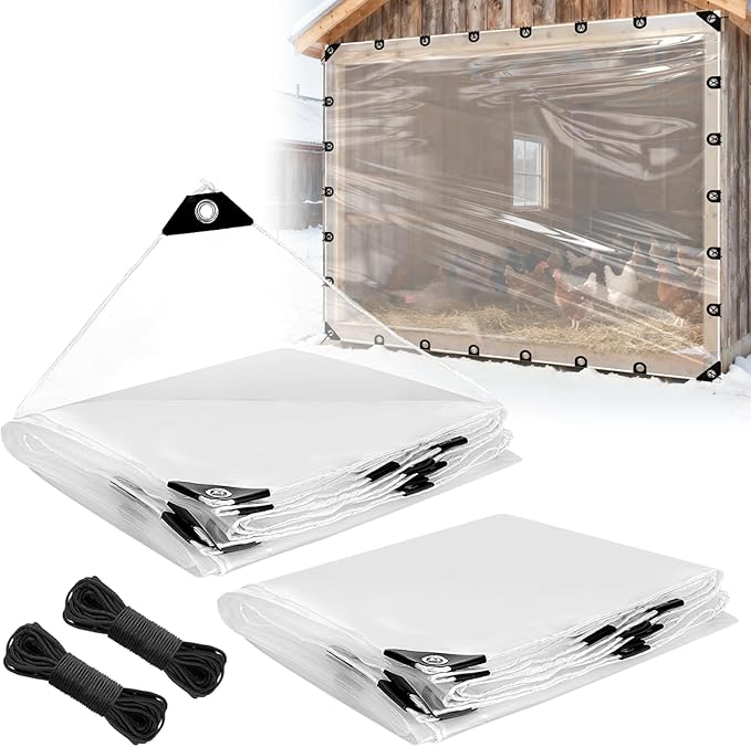 10x12ft Anti-Tear Clear Tarp Waterproof for Patio Winterizing - 2pcs Windproof Poly Tarpaulin, Heavy Duty Transparent Enclosure with Grommets for Covering Chicken Coops Greenhouse Garden Plants
