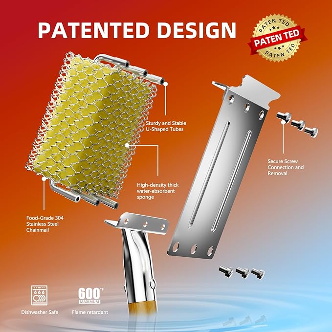 HOUSE AGAIN Grill Brush Bristle Free with Scraper, Safe Steam Cleaned Replaceable Head Fire Resistant Grill Cleaning Brush Strong Barbecue Brush Cleaner Non Wire for Outdoor Grill Grate/Wooden Handle