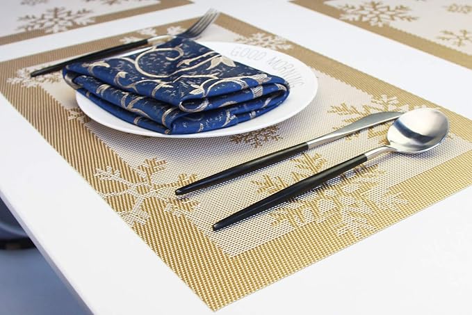 Christmas Placemats Set of 6 Vinyl Woven Non-Slip Placemats Washable Easy to Clean Table Mats for Dining Table (Snow Gold)