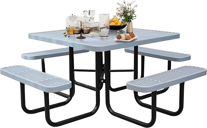 46'' Square Metal Picnic Table for Outdoors, Commercial Steel Metal Picnic Tables, Heavy Duty Sturdy Picnic Tables Furniture Set for Patio Garden Courtyard BBQ, with Umbrella Hole, Grey