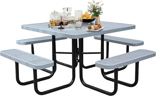46'' Square Metal Picnic Table for Outdoors, Commercial Steel Metal Picnic Tables, Heavy Duty Sturdy Picnic Tables Furniture Set for Patio Garden Courtyard BBQ, with Umbrella Hole, Grey
