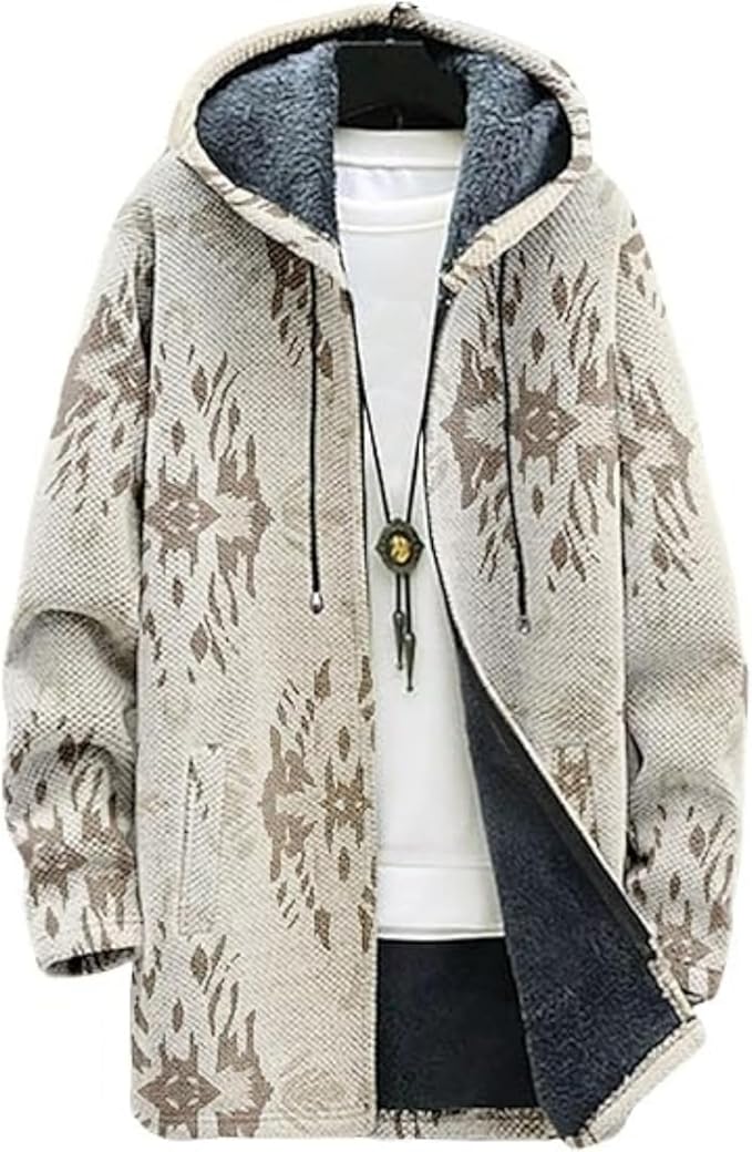 Men's Hooded Sweater Coat Knit Fleece Lined Long Cardigan Jacket with Zip Front Pocket Vintage Casual Zip Up