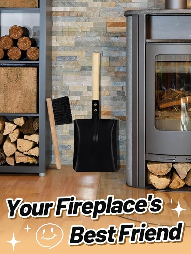 Fireplace Ash Shovel and Brush Set- Upgraded Metal Coal Shovel and Hearth Brush Set Large Fireplace Tools, Fire Pit Accessories for Fireplace Wood Stove Hearth Cleaning
