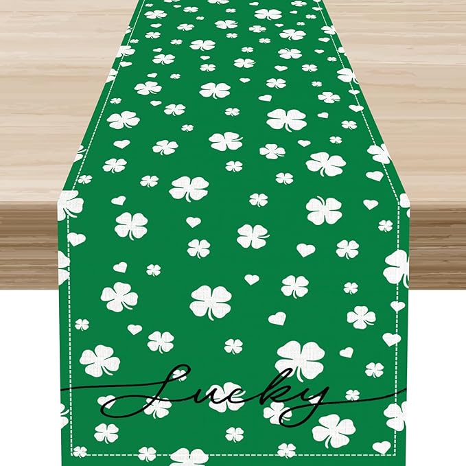 Clover Table Runner,Retro Rustic Green White Clover Seasonal Spring St.Patrick's Day Table Center Decor for Home Kitchen Dining Patio Holiday Party Indoor Table Decorations, 13"x108"