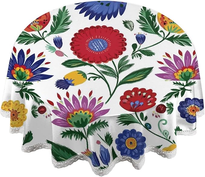 Round Tablecloth Waterproof Table Cloth for Kitchen Dinning Wedding Party Tabletop Decor,Exotic Mexican Flower Leaves Table Cover with Lace Trim,60 Inch