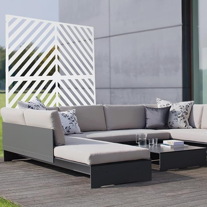 75" H×35" W Decorative Outdoor Privacy Screen with Stand, Outdoor Decor Privacy Fence Screen Metal Fence Panels, Free Standing Metal Divider for Patio Lawn Deck (White-Twill)