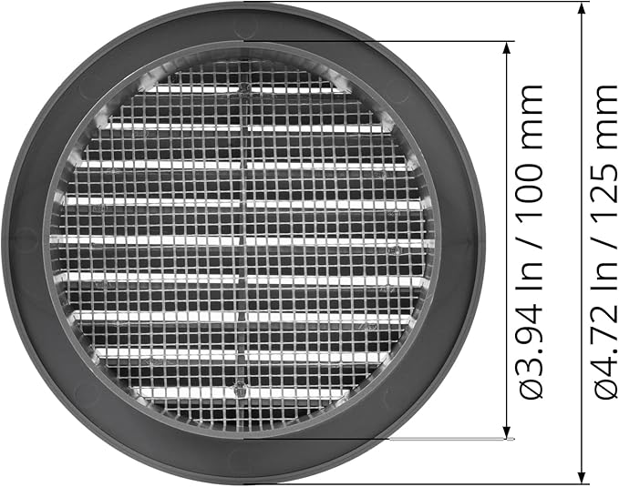 Graphite/Gray 4" Inch Round Ventilation Grille with Insect mesh. (Duct 4Ø / Grille 5Ø) Ventilation Applications. Indoor and Outdoor Vent Cover. Available 3 Sizes / 4 Colors.