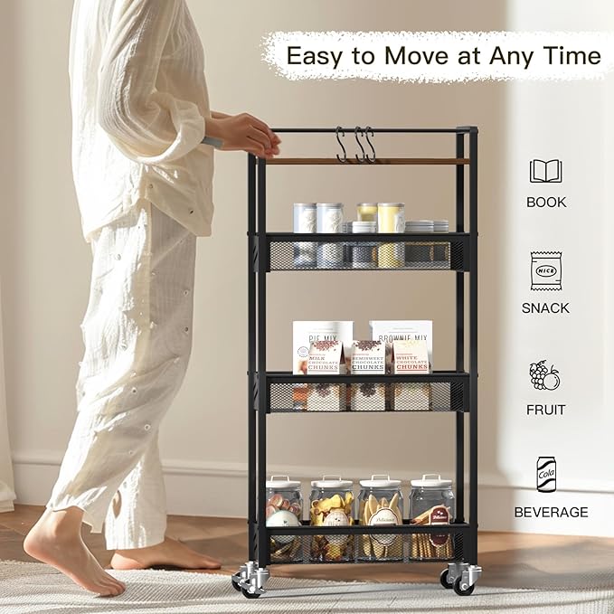 DGSNADGO Slim Rolling Storage Cart, 4-Tier Kitchen Cart on Wheels, Narrow Utility Cart with Handle and Wooden Tabletop for Small Space in Kitchen, Living Room, Bathroom, Rustic Brown and Black