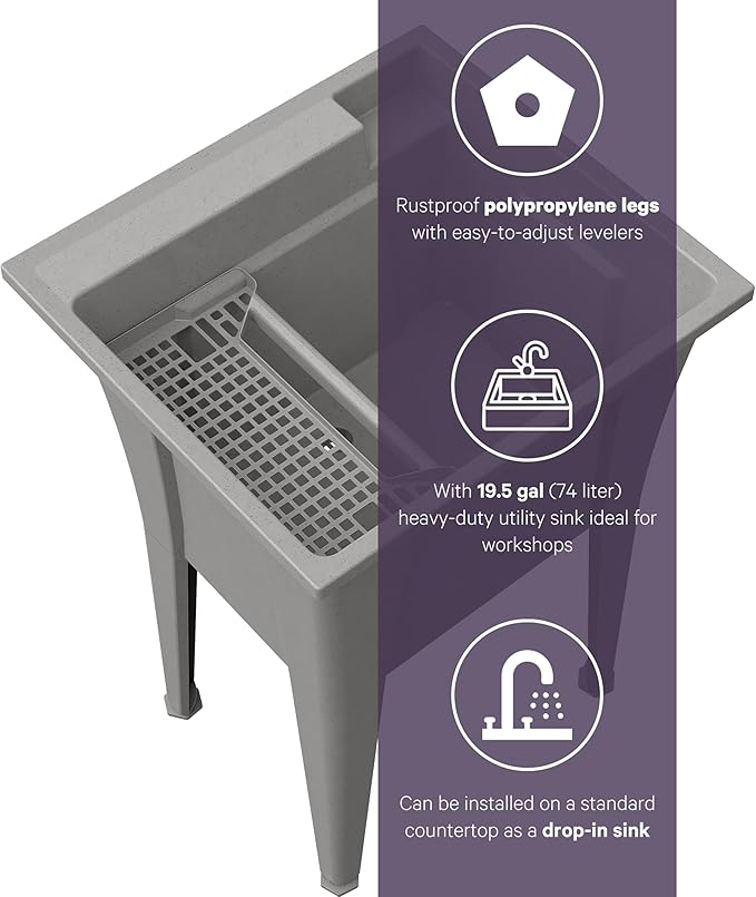 Freestanding Utility Sink with Two Handle Chrome Faucet - 24" Plastic Utility Sink for Garage, Laundry, Indoor and Oudoor Use - Laundry Tub Kit by Noah William Home - Grey (19.5 gal)