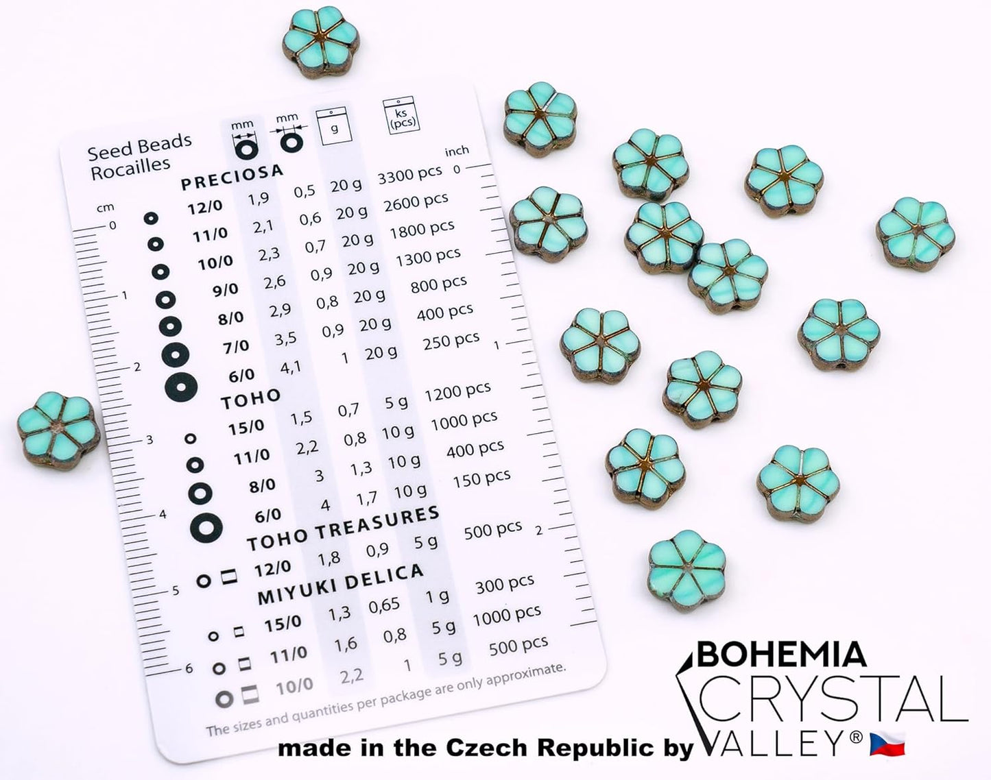 Bohemia Crystal Valley Czech Glass Beads & Japaneese TOHO Seed for Jewelry Making Set - 4 Gentle Distinct Colors Beads: Table Cut Flowers, Fire Polished Faceted 4mm, 2X Rocailles Mix Teal Pink Beige