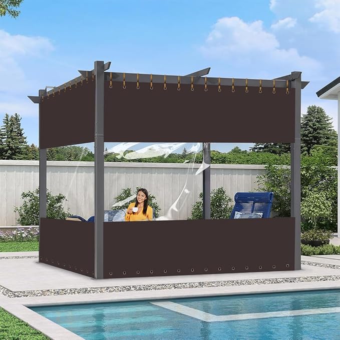 Covers & All Outdoor Clear Panel Curtain, 12 oz Vinyl Outdoor Curtains for Patio, Weather Resistant Waterproof Tarp with Brass Grommets for Pergola, Porch, Gazebos, Balcony (8'H x 12'W Feet, Coffee)