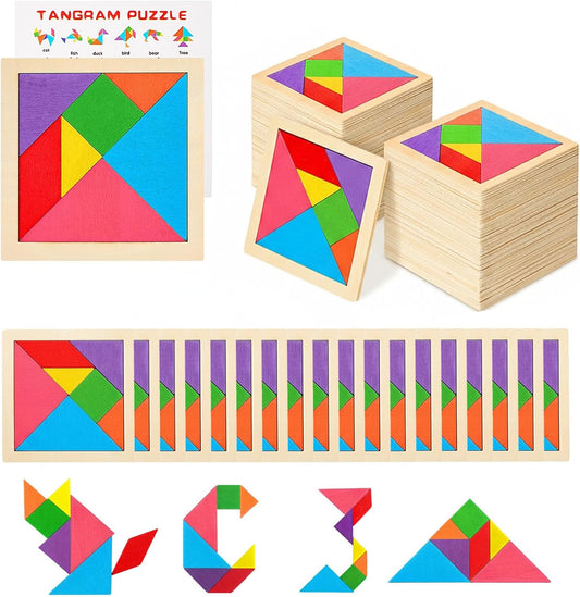 12 Pack Tangram Puzzle Wooden Kids Party Favors, Goodie Bags Stuffers for Kids, Return Gifts for Birthday Party, Classroom Prizes Rewards for Students