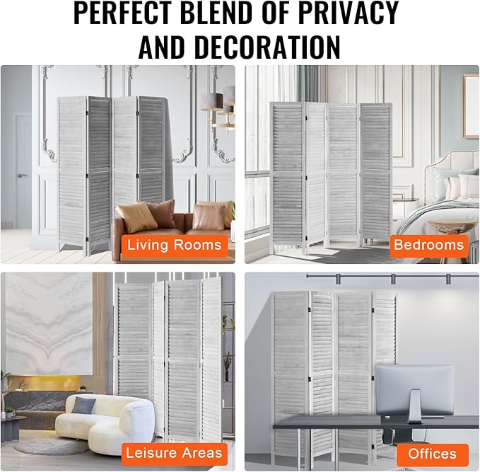 VEVOR Wood Room Divider, 4 Panel Folding Privacy Screen, 66.9 Inches Tall Indoor Wooden Partition, Portable Decoration Screen, for Room Separation, Home, Office, Restaurant & Bedroom (Light Grey)