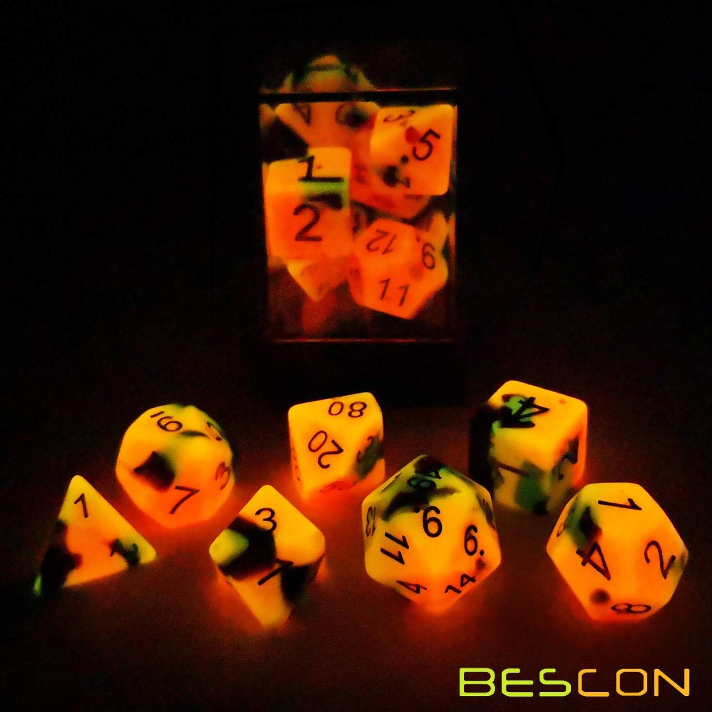 Bescon Two-Tone Glow-in-The-Dark Polyhedral Dice Set HOT Rocks, Luminous RPG Dice Set d4 d6 d8 d10 d12 d20 d% Brick Box Pack