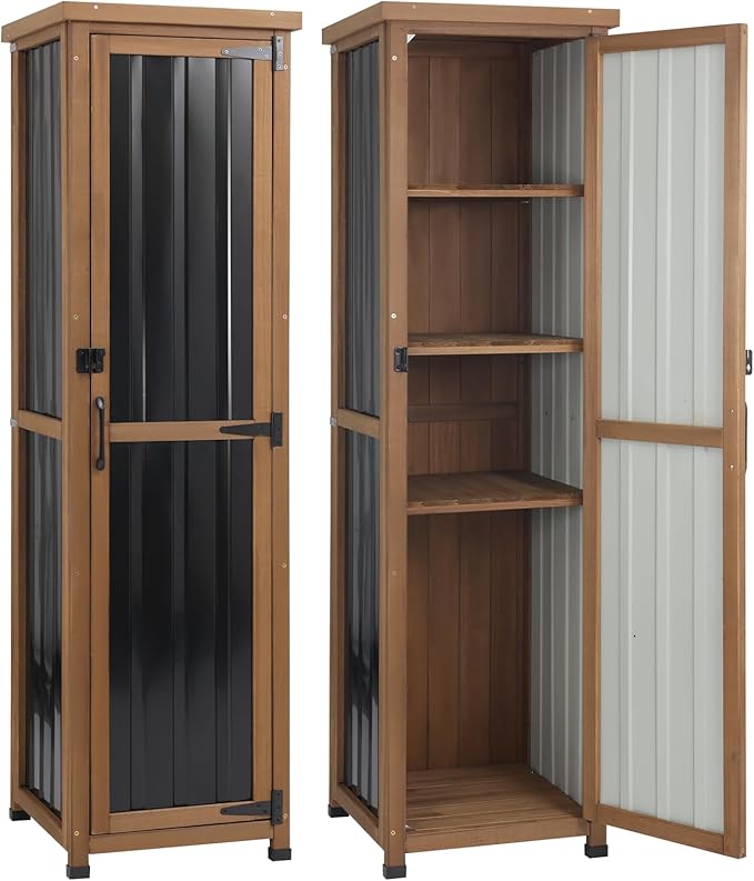 PetsCosset 62" H Narrow Outdoor Storage Cabinet with Metal Top, Outdoor Indoor Storage Cabinet Waterproof with Adjustable Shelves for Corner, Patio, Garden, Porch, Laundry Room or Entryway Storage