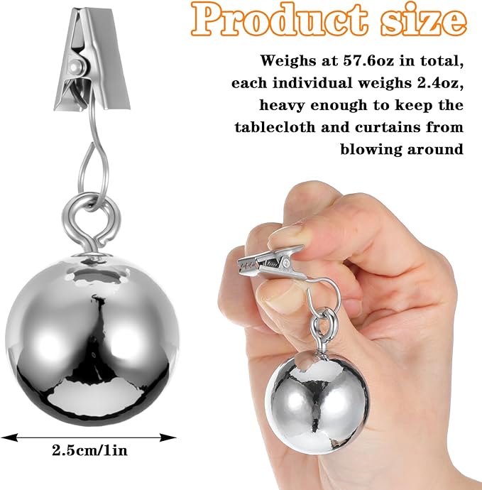12 Pcs Heavy Duty Tablecloth Weights Spherical Stainless Steel Balls with Clips for Outdoor Tables, Curtains, Flags