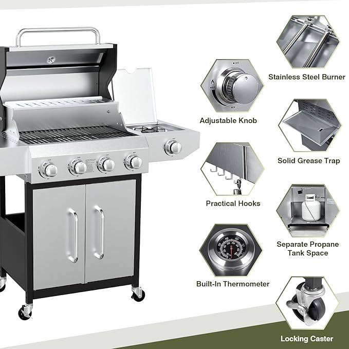 BESTFIRE 60,000 BTU 4+1 Burner Propane Gas Grill - 647 sq. inches Stainless Steel Outdoor BBQ with Porcelain-Enameled Cast Iron Grates, Side Burner & Storage Cabinet for Patio and Backyard Cooking