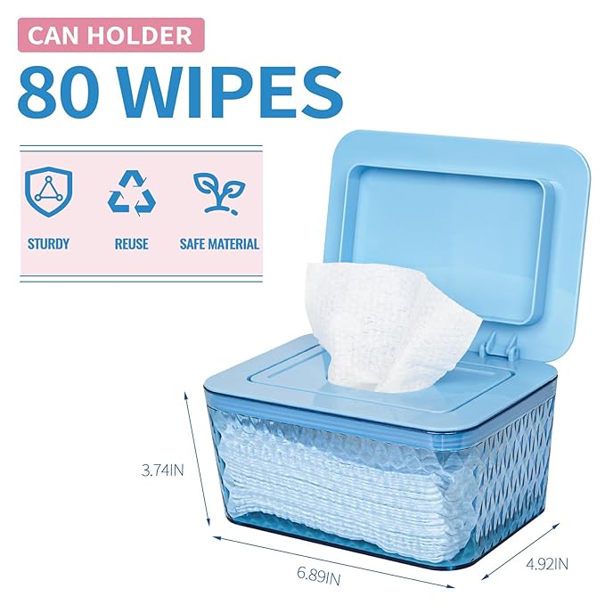 Wipes Dispenser, One-Handed Operation Wipe Holder for Baby & Adult, Seal-Designed Wipes Container for Bathroom Keep Diaper Wipes Fresh (Blue)